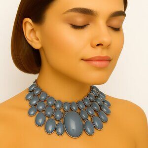 RSVP - Silver-tone Blue Grayish color Stone Statement Necklace, 18+4-in - Women